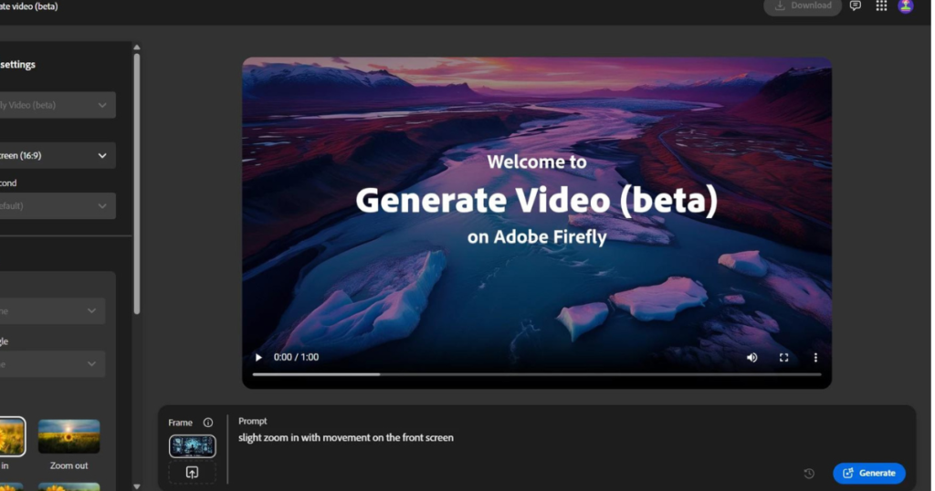 Adobe Firefly Video AI interface for creating videos from text prompts.