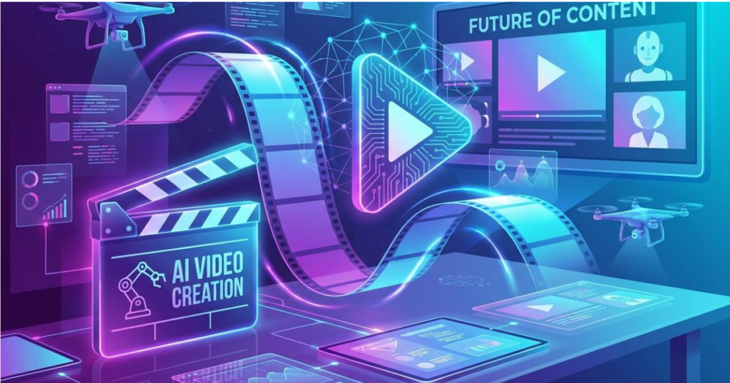 AI video creation workspace showing video editing, artificial intelligence, and digital content production.