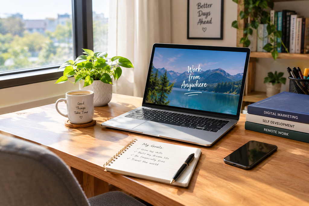 Modern home office workspace with laptop, plant, coffee mug, notebook, and natural sunlight
