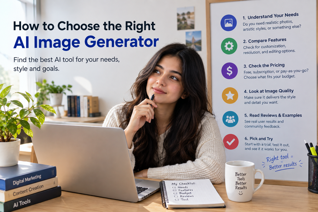 A realistic woman working on a laptop at a bright desk while a guide explains how to choose the right AI image generator, including needs, features, pricing, image quality, reviews, and testing.
